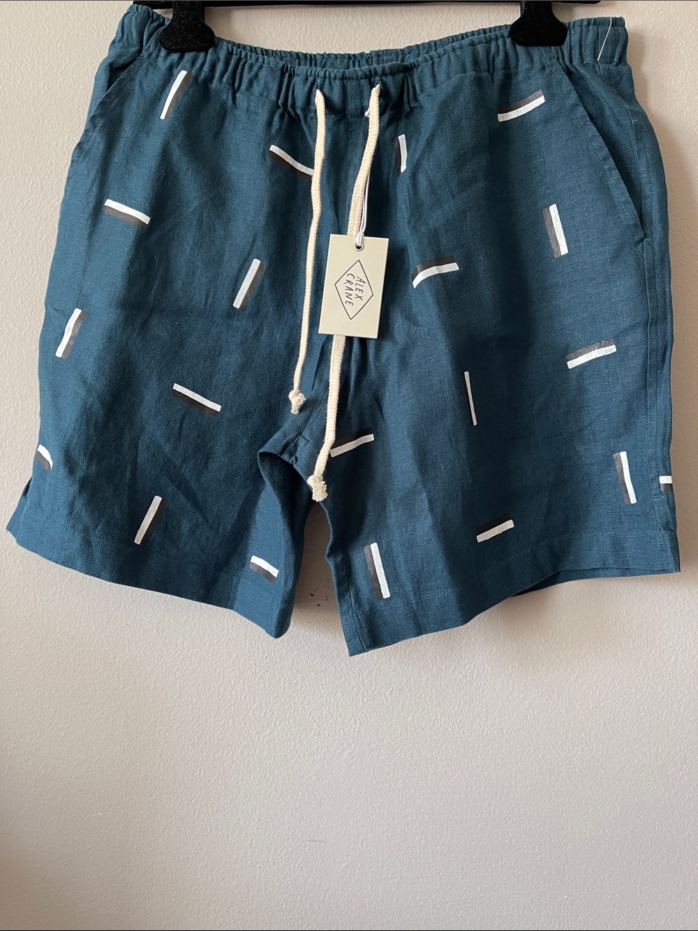 Alex Crane Linen Printed Drawstring Bo Shorts in Teal L